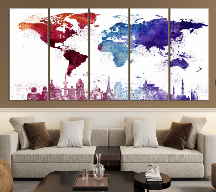 Watercolor World Map with Landmarks Canvas Wall Art Giclee Print