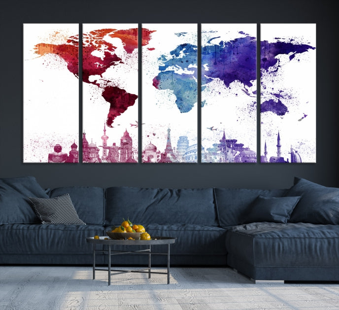 Watercolor World Map with Landmarks Canvas Wall Art Giclee Print