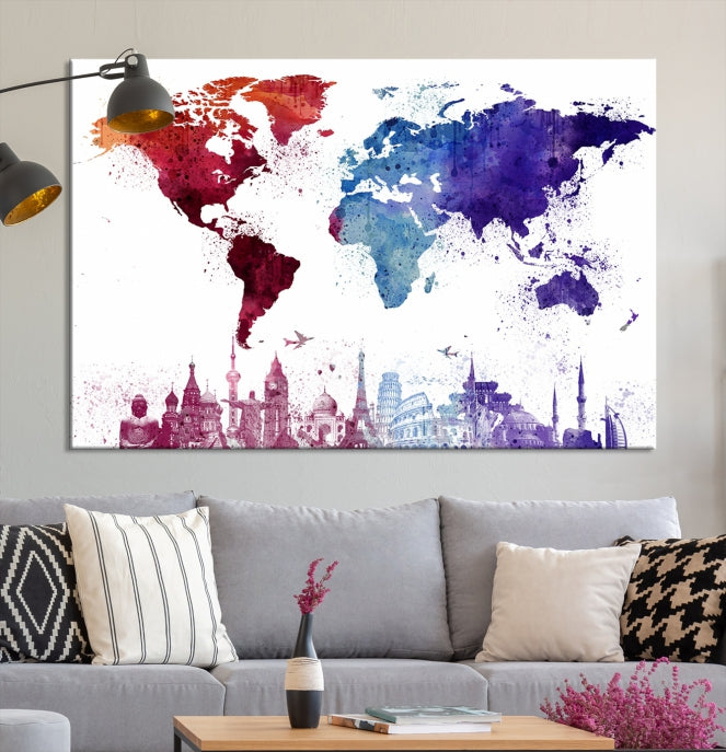 Watercolor World Map with Landmarks Canvas Wall Art Giclee Print