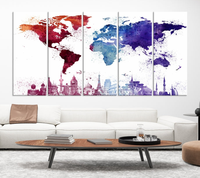 Watercolor World Map with Landmarks Canvas Wall Art Giclee Print