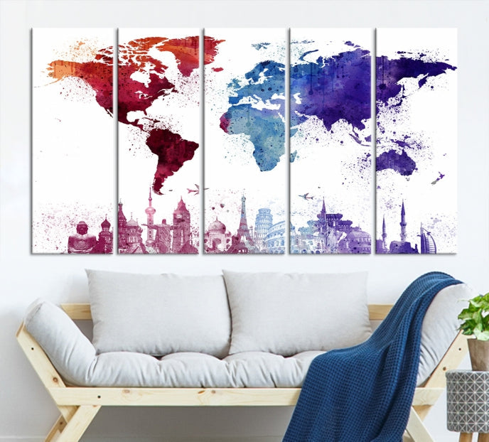 Watercolor World Map with Landmarks Canvas Wall Art Giclee Print