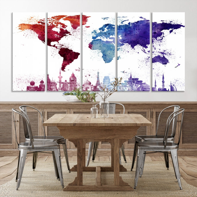 Watercolor World Map with Landmarks Canvas Wall Art Giclee Print