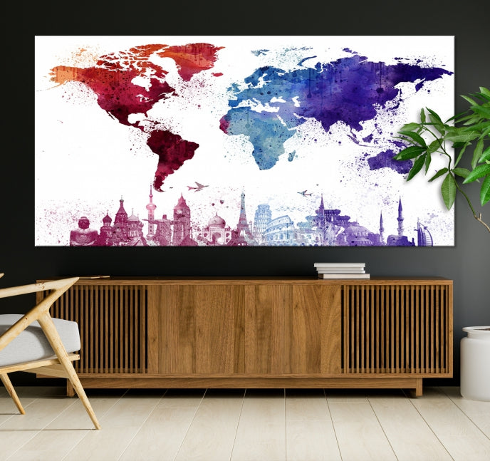 Watercolor World Map with Landmarks Canvas Wall Art Giclee Print