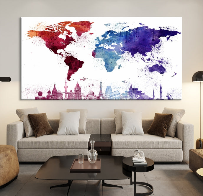 Watercolor World Map with Landmarks Canvas Wall Art Giclee Print