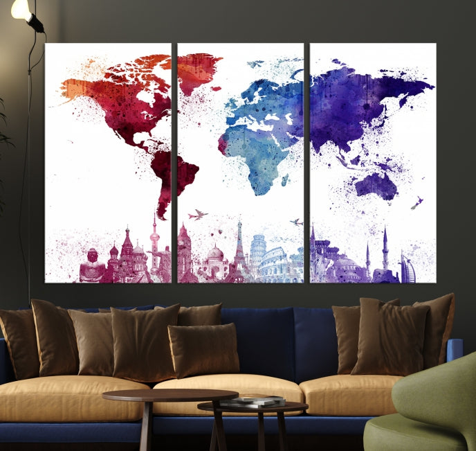 Watercolor World Map with Landmarks Canvas Wall Art Giclee Print