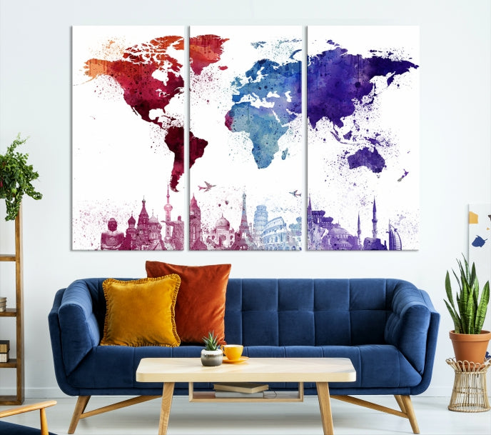 Watercolor World Map with Landmarks Canvas Wall Art Giclee Print