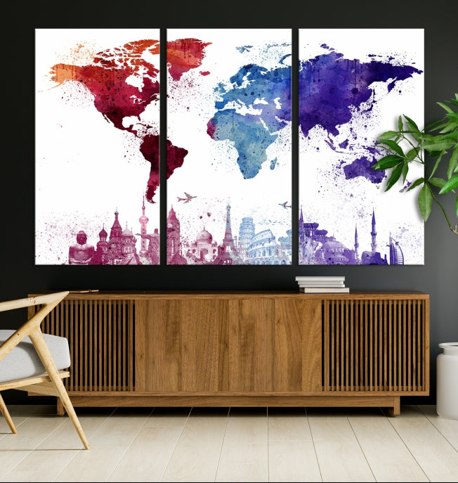 Watercolor World Map with Landmarks Canvas Wall Art Giclee Print