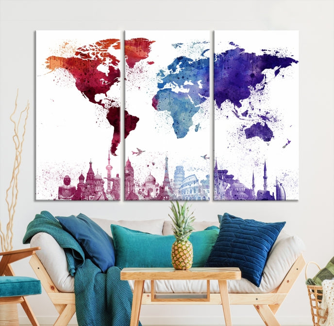 Watercolor World Map with Landmarks Canvas Wall Art Giclee Print