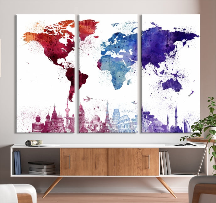 Watercolor World Map with Landmarks Canvas Wall Art Giclee Print