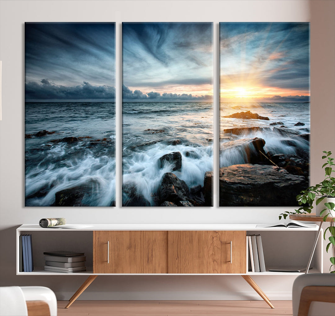 Wavy Sea Ocean Sunset Beach Large Canvas Art Print for Wall Decor