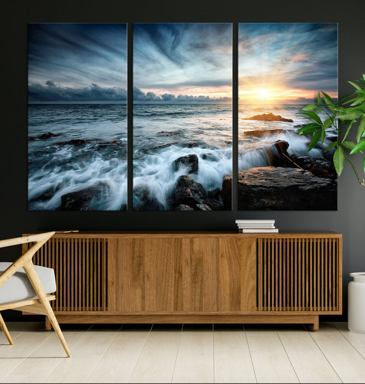 Wavy Sea Ocean Sunset Beach Large Canvas Art Print for Wall Decor