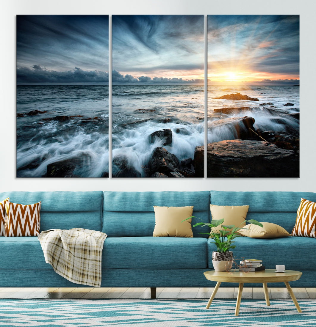 Wavy Sea Ocean Sunset Beach Large Canvas Art Print for Wall Decor