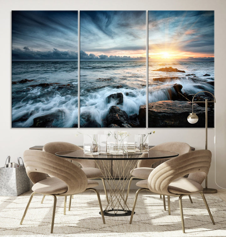 Wavy Sea Ocean Sunset Beach Large Canvas Art Print for Wall Decor