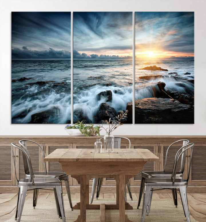 Wavy Sea Ocean Sunset Beach Large Canvas Art Print for Wall Decor