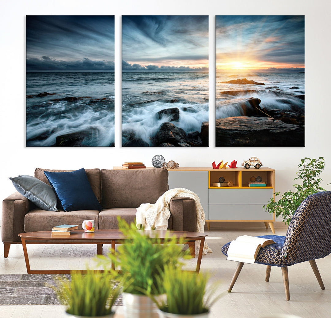 Wavy Sea Ocean Sunset Beach Large Canvas Art Print for Wall Decor