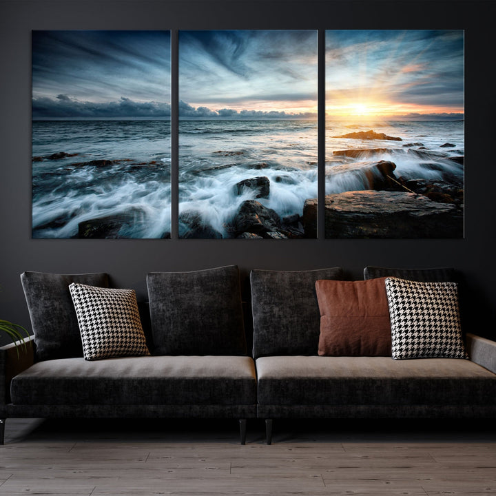 Wavy Sea Ocean Sunset Beach Large Canvas Art Print for Wall Decor