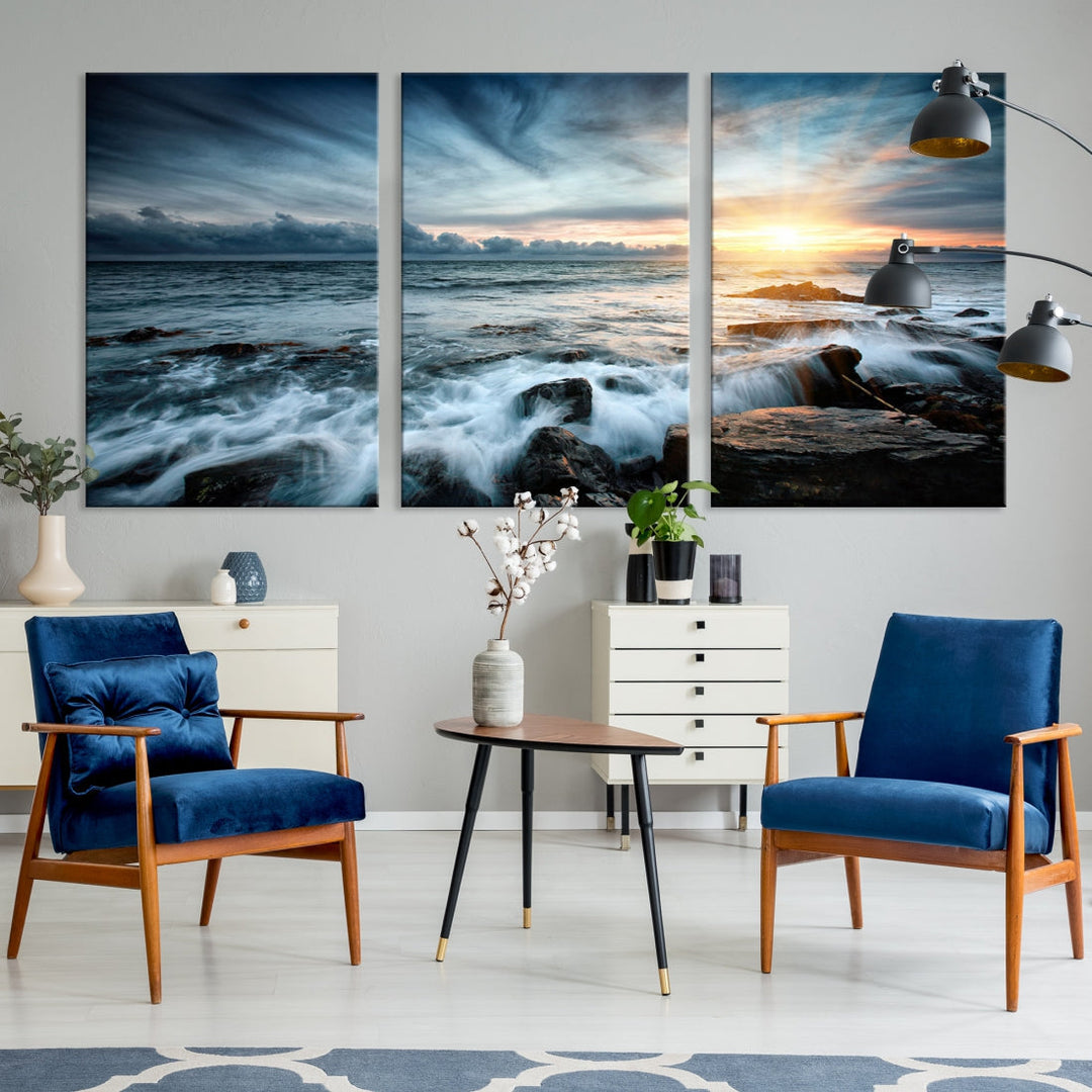 Wavy Sea Ocean Sunset Beach Large Canvas Art Print for Wall Decor