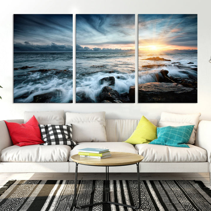 Wavy Sea Ocean Sunset Beach Large Canvas Art Print for Wall Decor