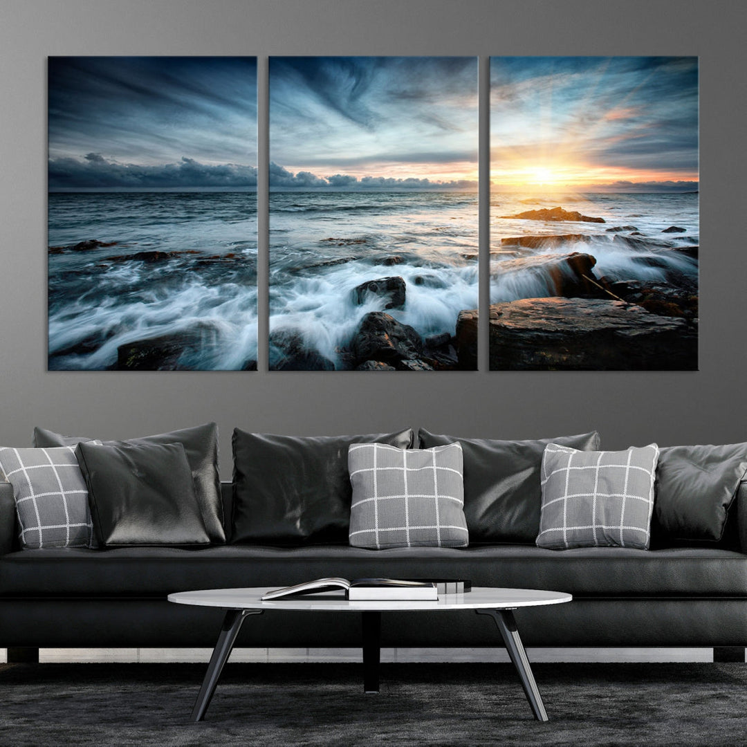 Wavy Sea Ocean Sunset Beach Large Canvas Art Print for Wall Decor