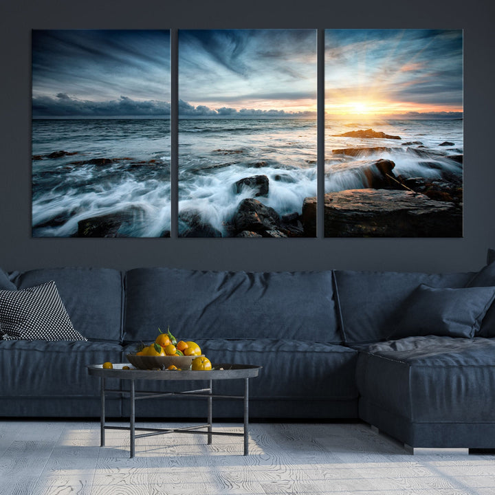 Wavy Sea Ocean Sunset Beach Large Canvas Art Print for Wall Decor