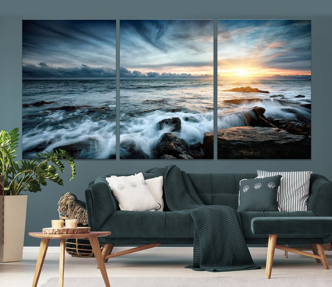 Wavy Sea Ocean Sunset Beach Large Canvas Art Print for Wall Decor