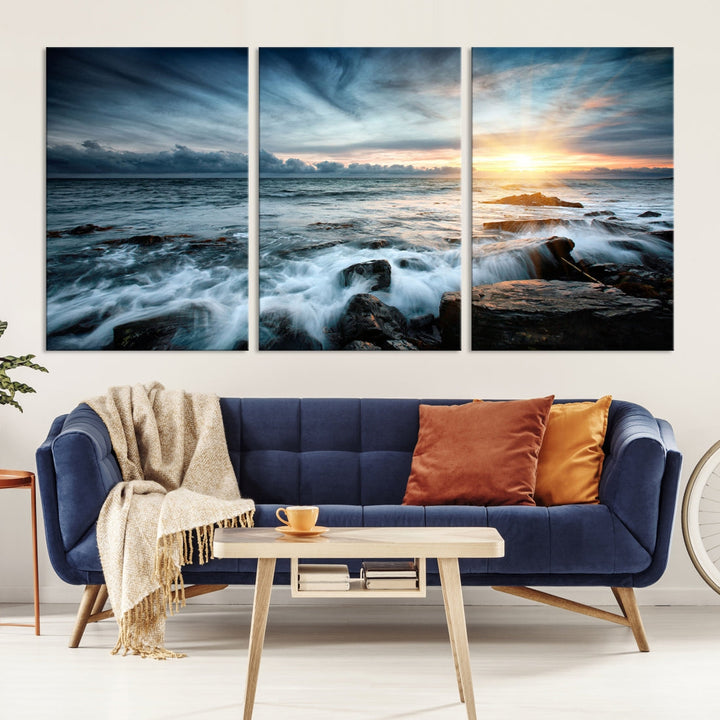 Wavy Sea Ocean Sunset Beach Large Canvas Art Print for Wall Decor