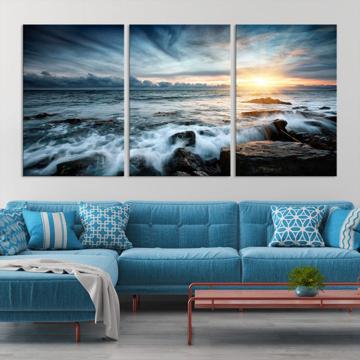 Wavy Sea Ocean Sunset Beach Large Canvas Art Print for Wall Decor