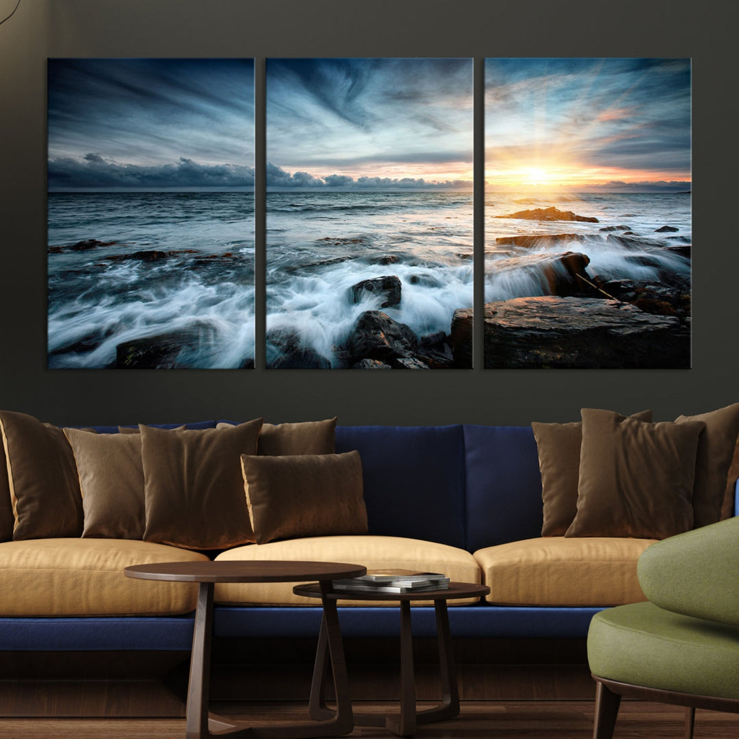 Wavy Sea Ocean Sunset Beach Large Canvas Art Print for Wall Decor