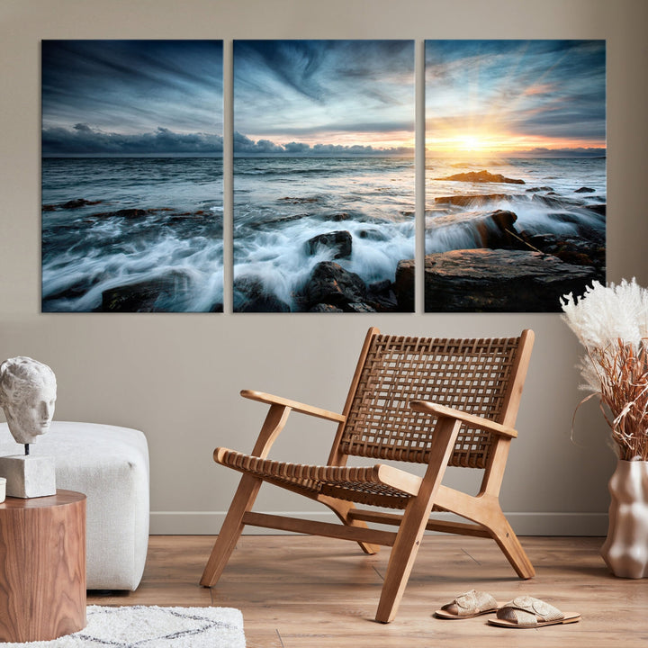 Wavy Sea Ocean Sunset Beach Large Canvas Art Print for Wall Decor