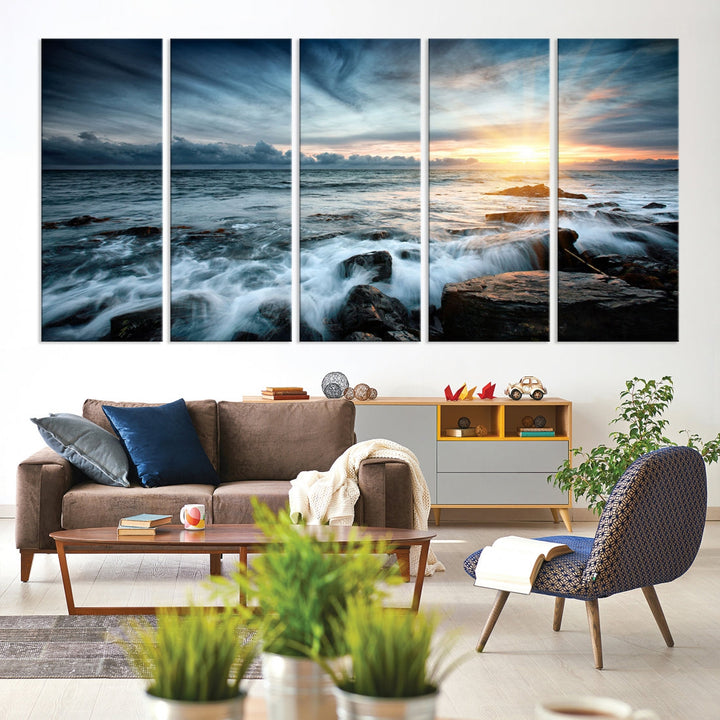 Wavy Sea Ocean Sunset Beach Large Canvas Art Print for Wall Decor