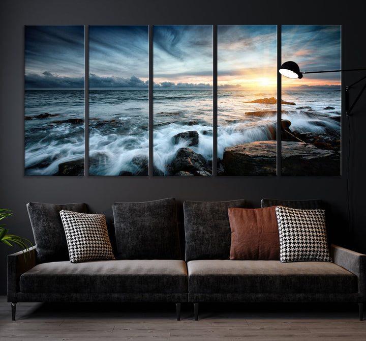 Wavy Sea Ocean Sunset Beach Large Canvas Art Print for Wall Decor