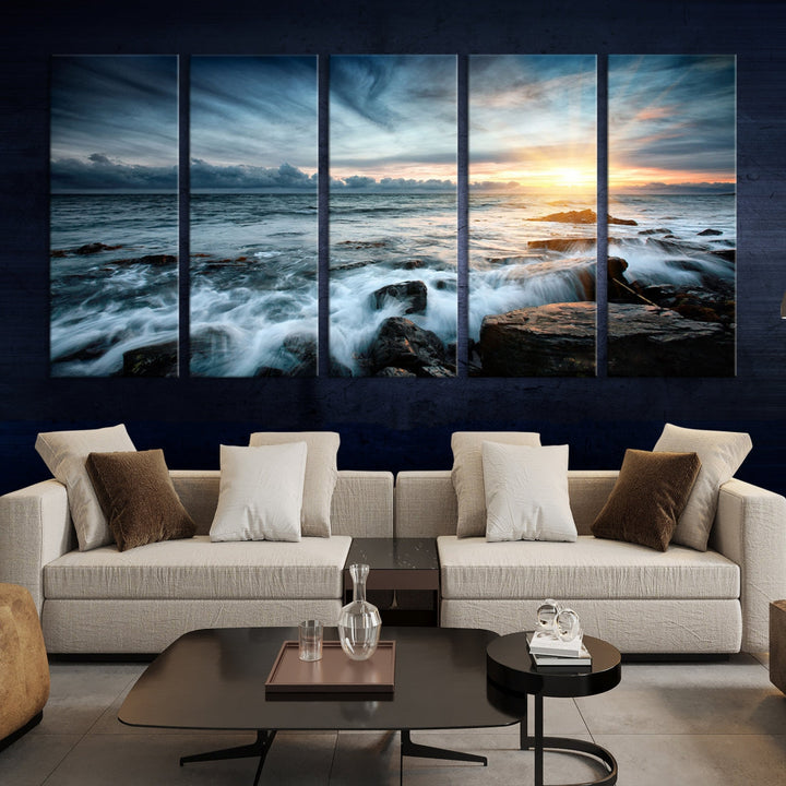 Wavy Sea Ocean Sunset Beach Large Canvas Art Print for Wall Decor