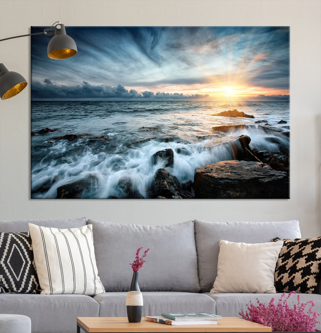 Wavy Sea Ocean Sunset Beach Large Canvas Art Print for Wall Decor