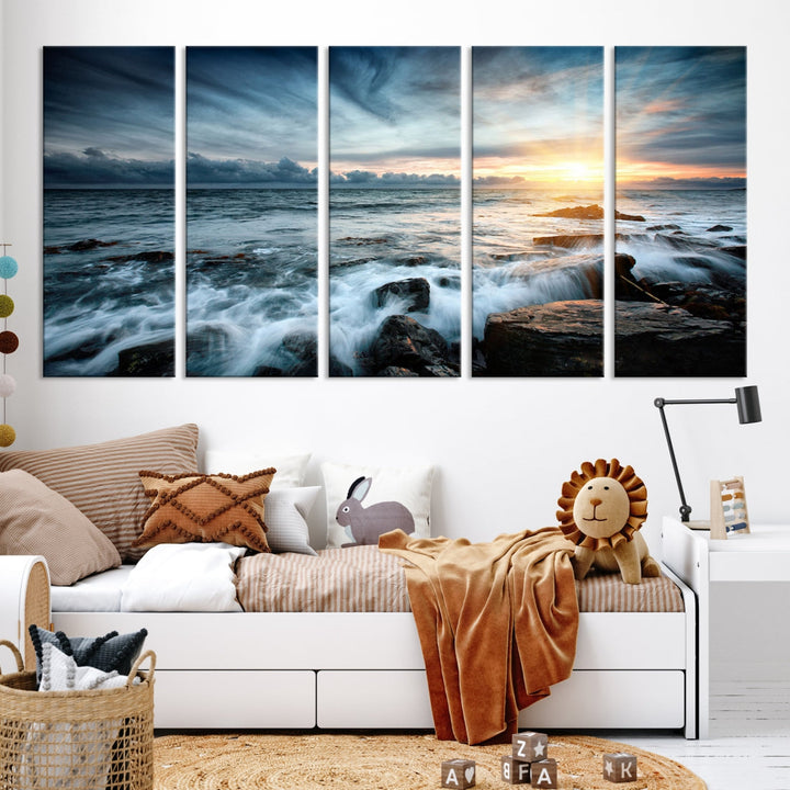 Wavy Sea Ocean Sunset Beach Large Canvas Art Print for Wall Decor