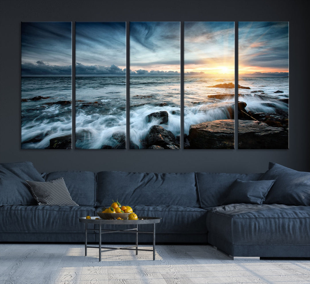 Wavy Sea Ocean Sunset Beach Large Canvas Art Print for Wall Decor