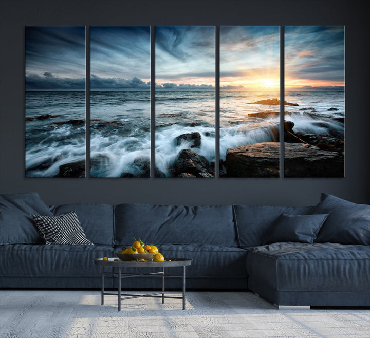 Wavy Sea Ocean Sunset Beach Large Canvas Art Print for Wall Decor