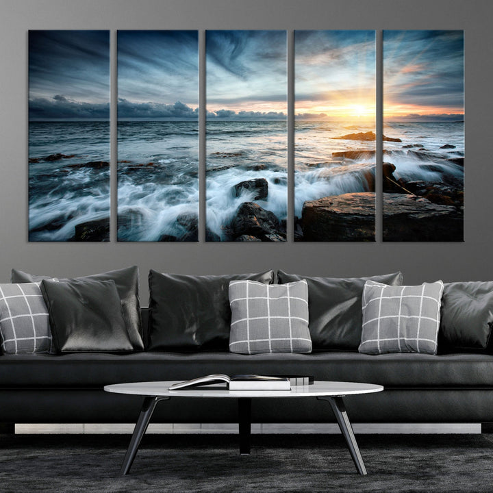 Wavy Sea Ocean Sunset Beach Large Canvas Art Print for Wall Decor