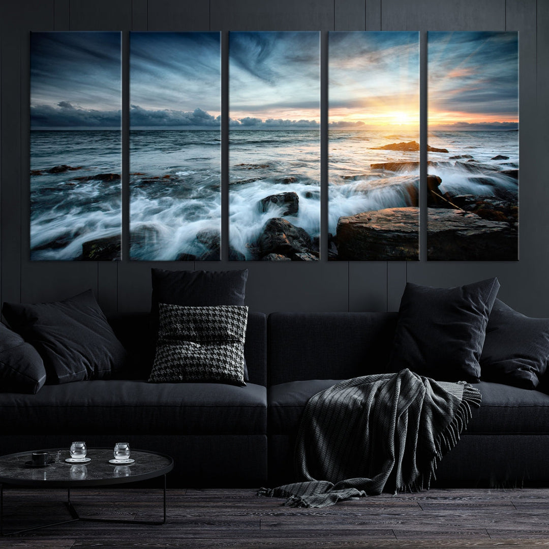 Wavy Sea Ocean Sunset Beach Large Canvas Art Print for Wall Decor