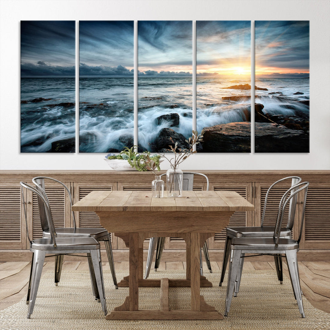 Wavy Sea Ocean Sunset Beach Large Canvas Art Print for Wall Decor