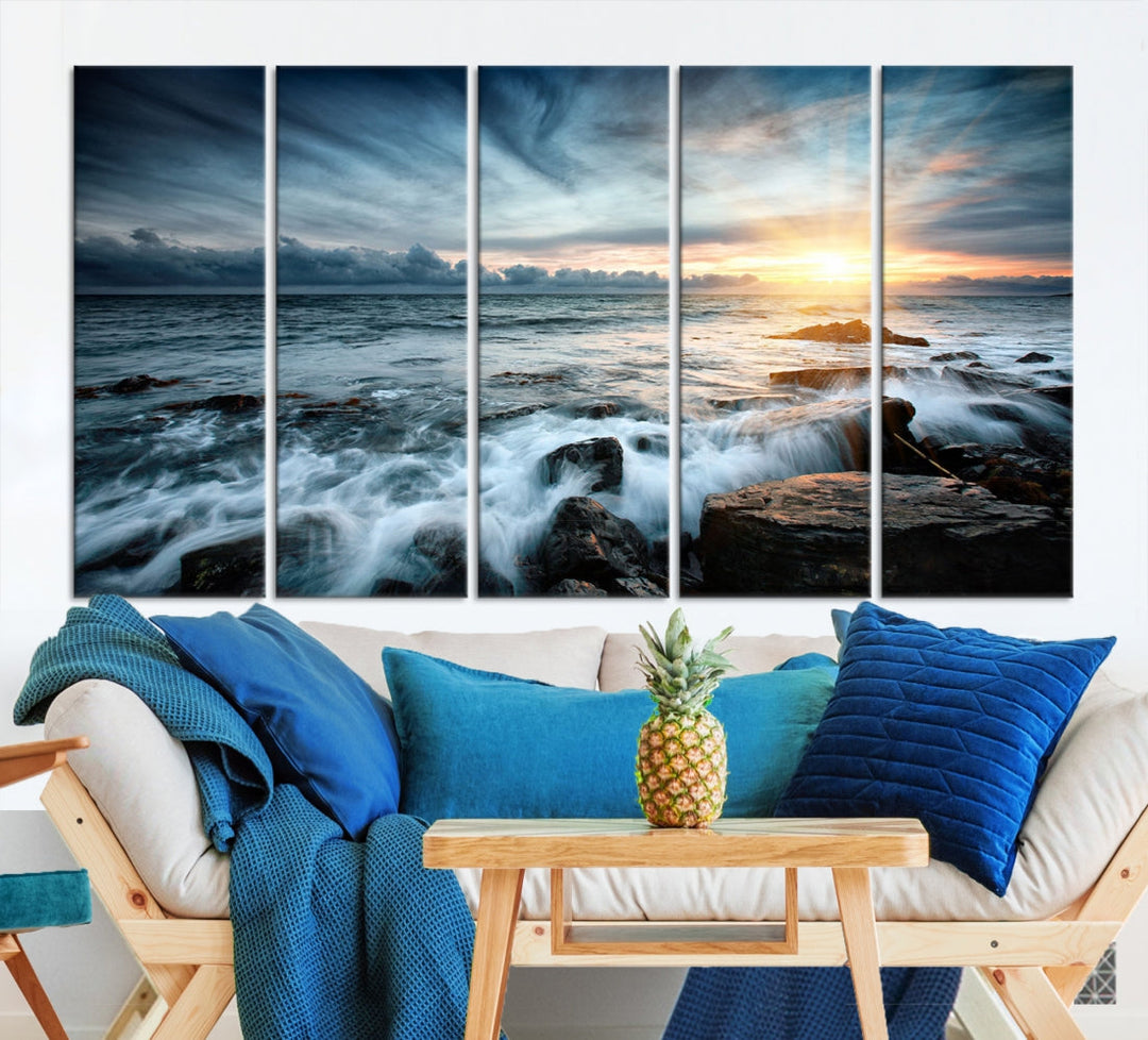 Wavy Sea Ocean Sunset Beach Large Canvas Art Print for Wall Decor