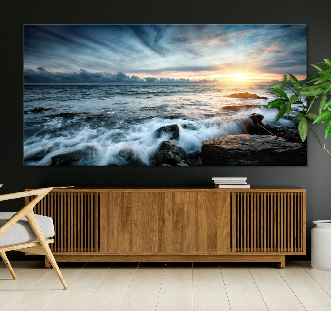 Wavy Sea Ocean Sunset Beach Large Canvas Art Print for Wall Decor