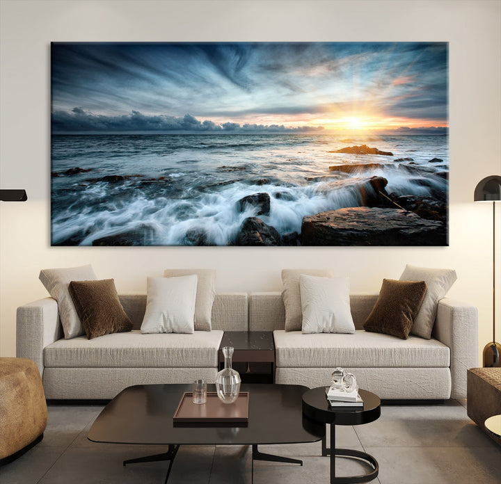 Wavy Sea Ocean Sunset Beach Large Canvas Art Print for Wall Decor