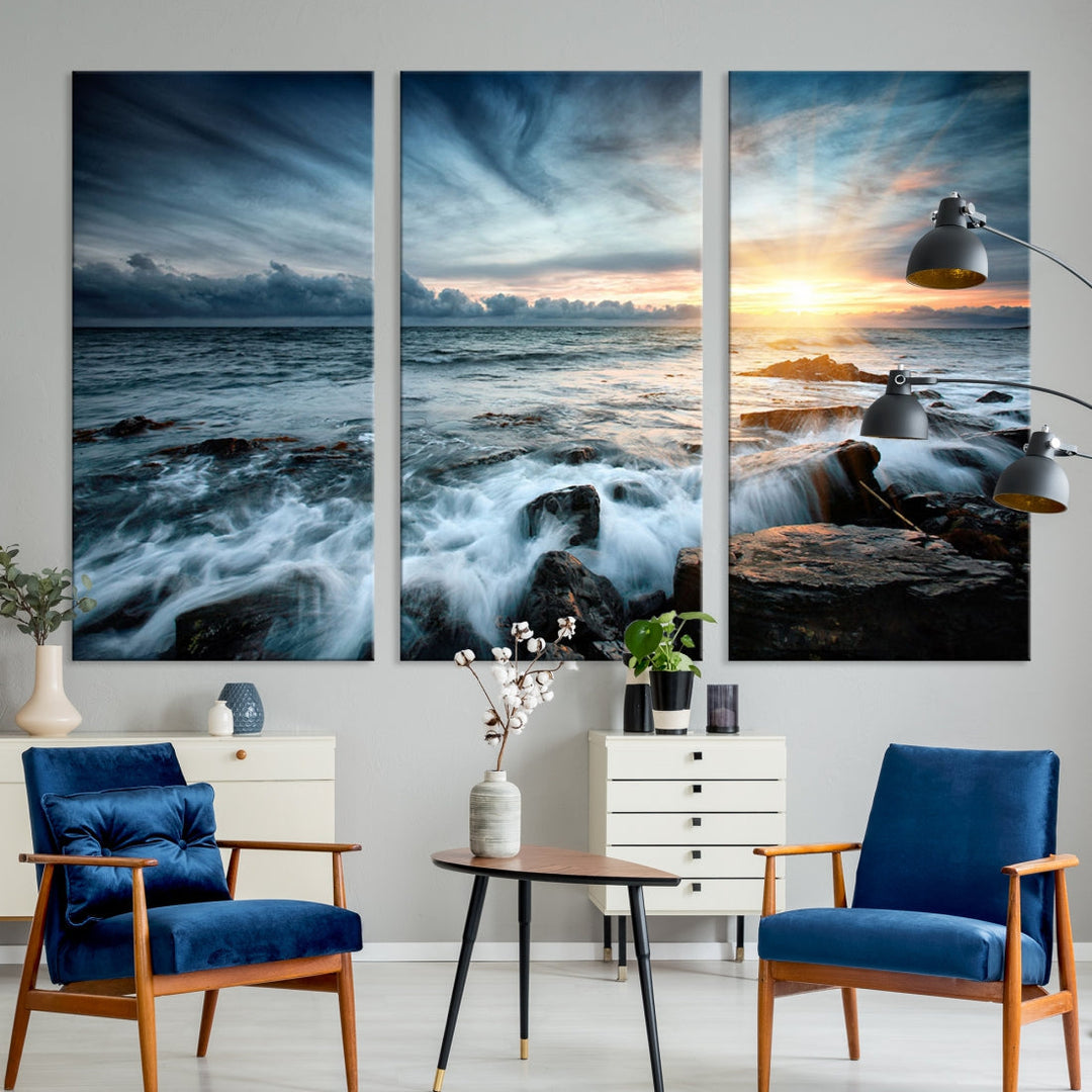 Wavy Sea Ocean Sunset Beach Large Canvas Art Print for Wall Decor