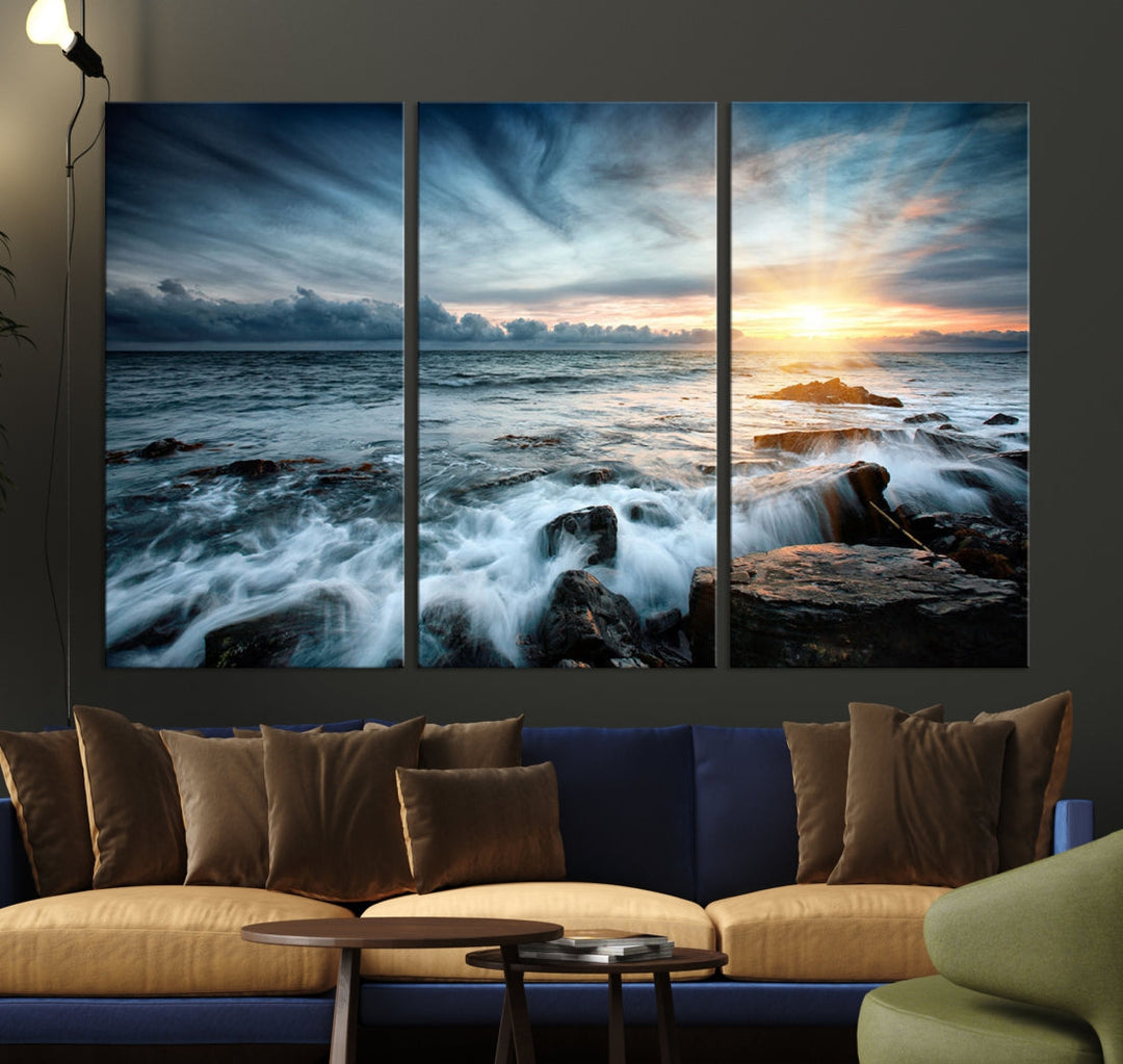 Wavy Sea Ocean Sunset Beach Large Canvas Art Print for Wall Decor