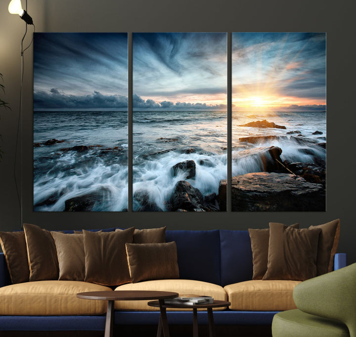 Wavy Sea Ocean Sunset Beach Large Canvas Art Print for Wall Decor