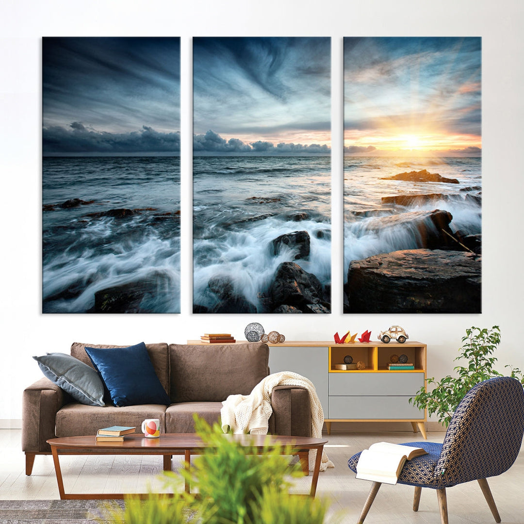 Wavy Sea Ocean Sunset Beach Large Canvas Art Print for Wall Decor