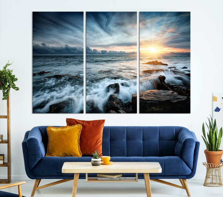 Wavy Sea Ocean Sunset Beach Large Canvas Art Print for Wall Decor