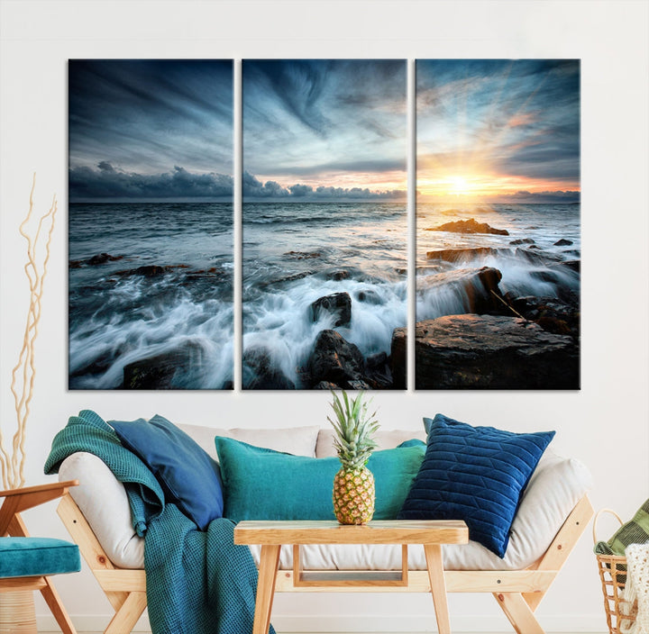 Wavy Sea Ocean Sunset Beach Large Canvas Art Print for Wall Decor