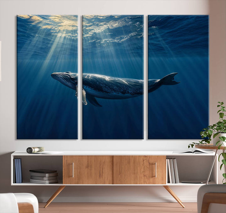 Whale under Ocean Wall Art Canvas Print