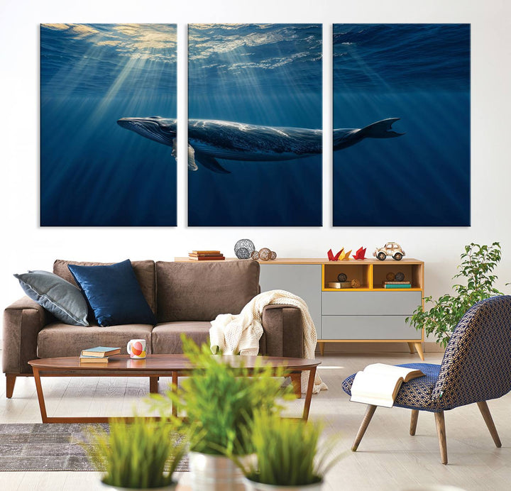 Whale under Ocean Wall Art Canvas Print